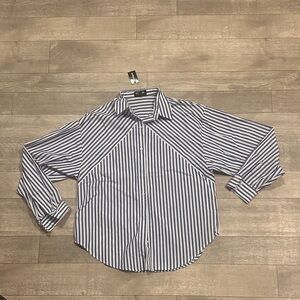 Express Women's Navy and White Striped Button Down Shirt